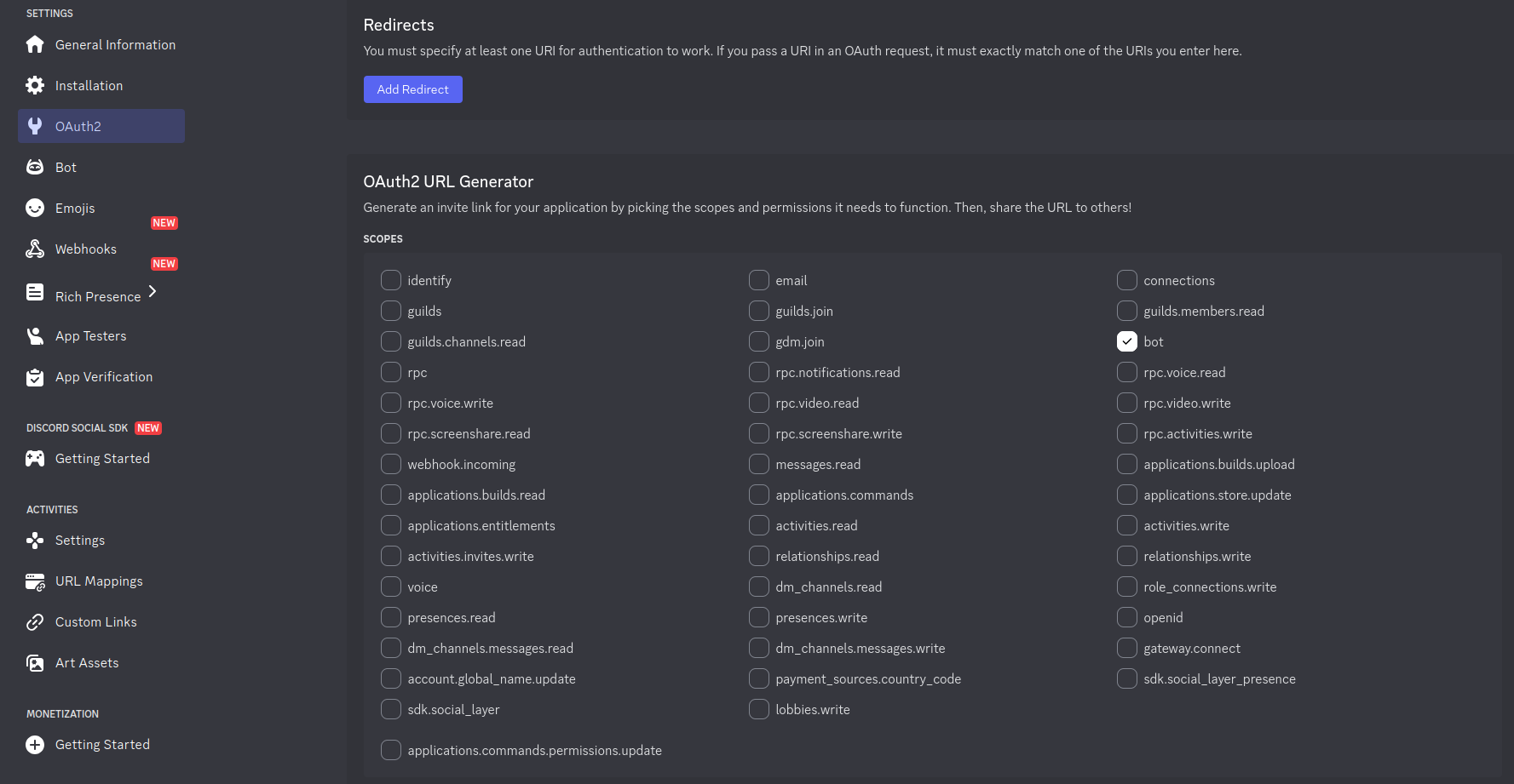 OAuth2 tab - Bot Selection